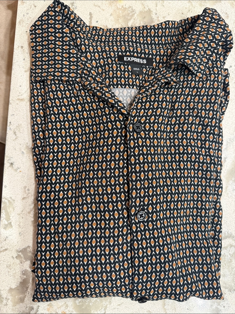 Express Men’s Short Sleeve Button-Up Shirt - Black & Tan Geometric
